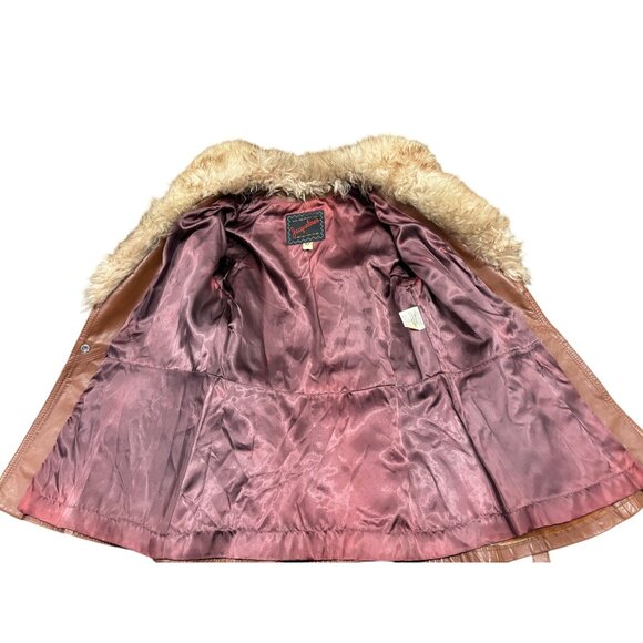 Vintage 1960s Brown Leather Belted Penny Lane Jacket With Faux Fur Collar - Picture 7 of 13